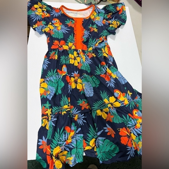 V & Grin Girls Print Ruffle Maxi Dress with Parrots & Colorful Flowers(Size 9-10 - Picture 3 of 7